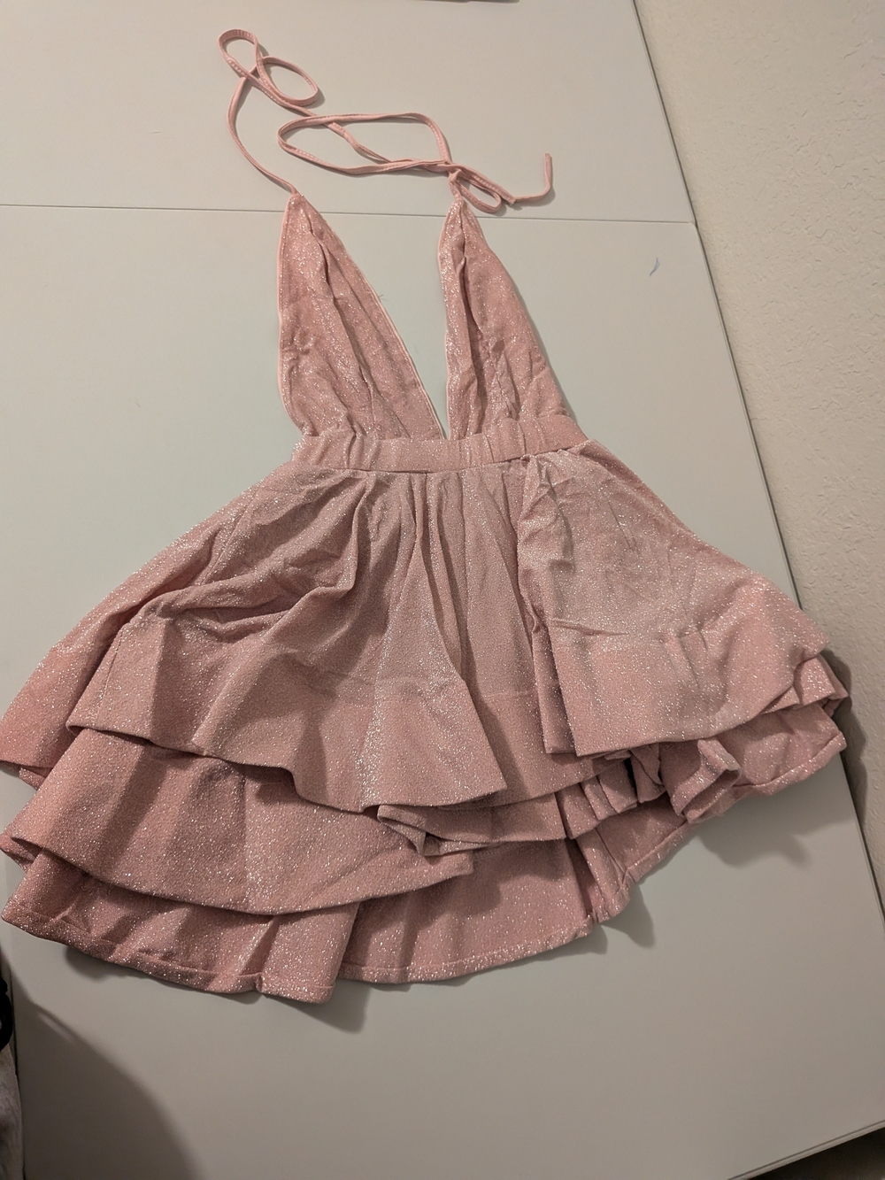 Shimmer Blush Pink Halter Tiered Mini Dress